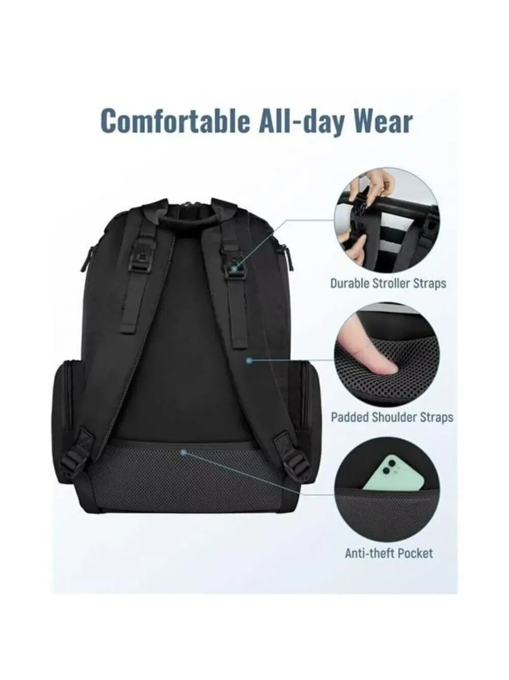 Black Diaper Bag Backpack for Men Women Travel Baby Bag with Insulated Pockets